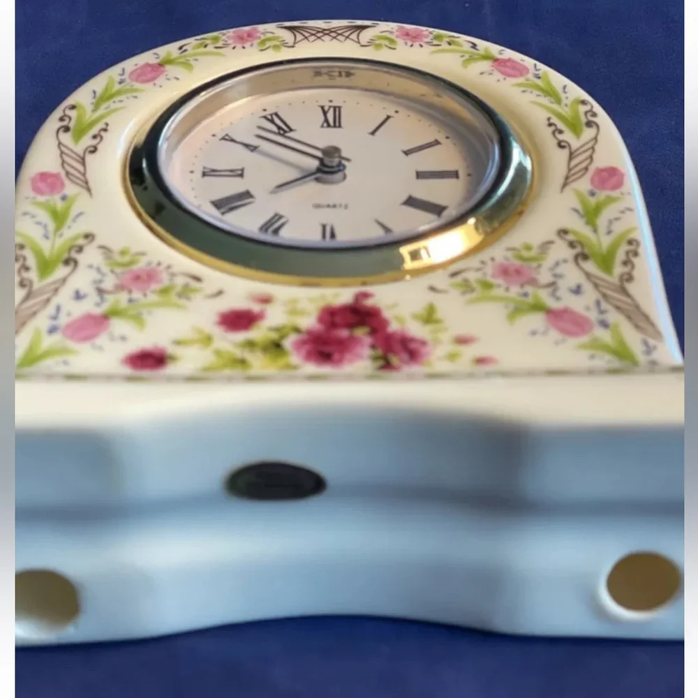 JJI International Porcelain Desk Clock Works Vintage Quartz Colorful Floral